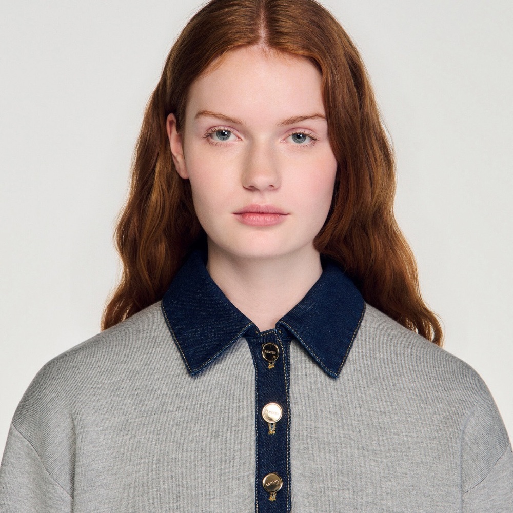 Sandro SWEATER WITH DENIM COLLAR sz 0 - Picture 6 of 6